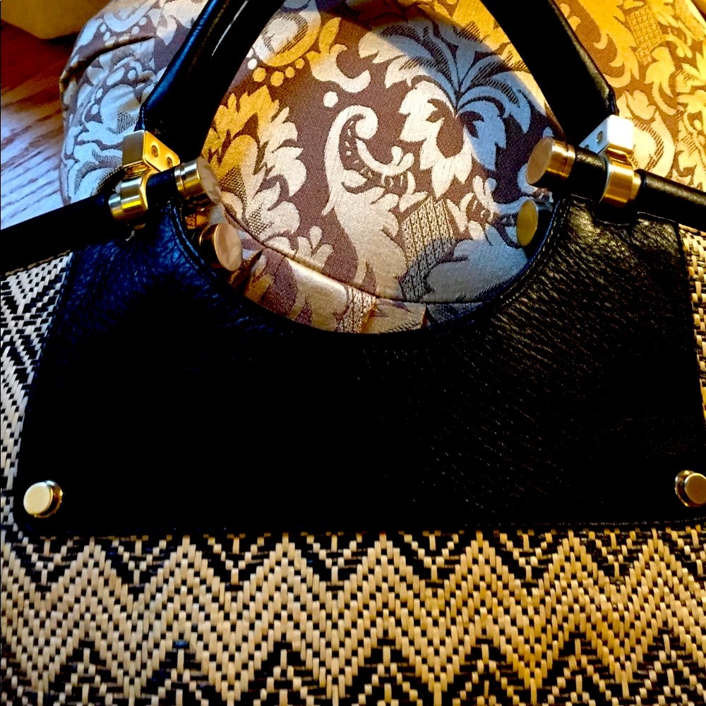 Ethnic woven and leather satchel
